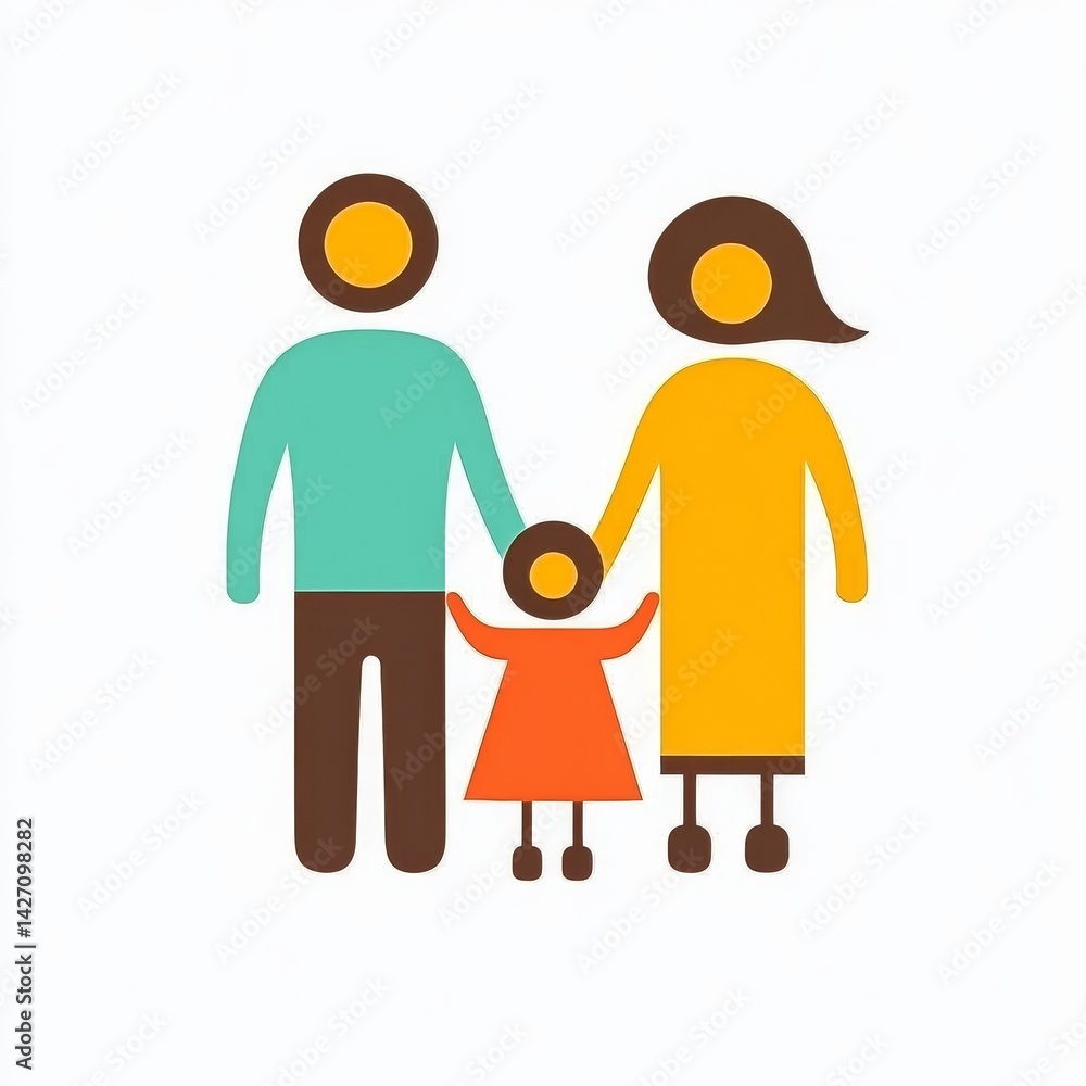 Fototapeta premium A white background serves as the setting for a heartwarming illustration of a family, consisting of stick figures of parents and a child clasping hands together