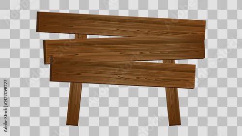 Wooden board sign blank promotion and decoration with transparent background. Wood banner billboard in old vintage style. Dark wood on stand