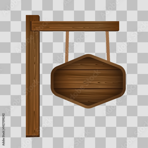 Wooden board sign blank promotion and decoration with transparent background. Wood banner billboard in old vintage style hanging on a string