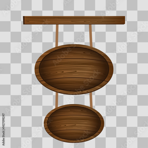 Wooden board sign blank promotion and decoration with transparent background. Wood banner billboard in old vintage style hanging on a string