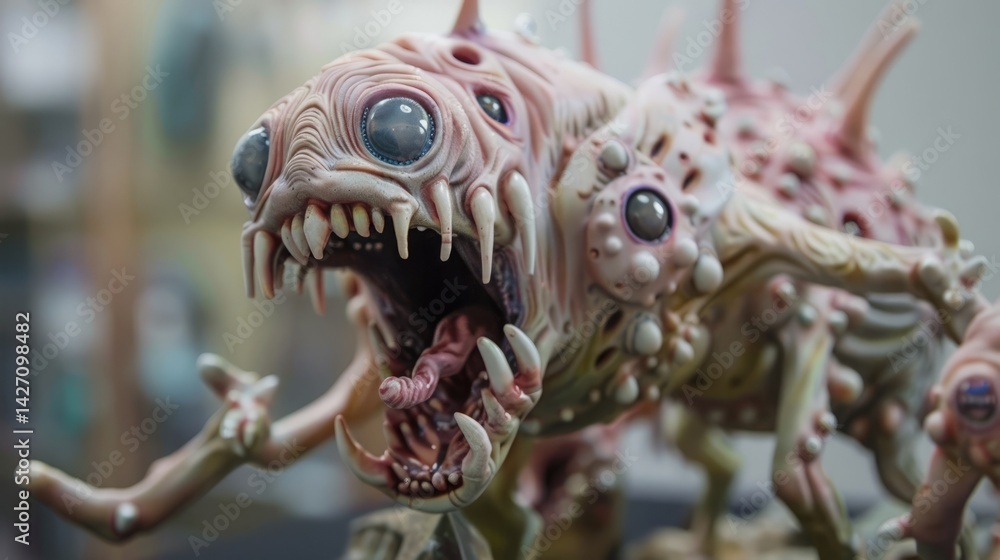 Fototapeta premium Creepy looking monster with a mouth open and teeth showing