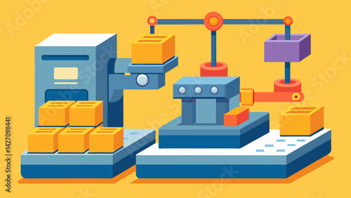 Precision ting machines are utilized to create various sizes and shapes of tiles for specific construction needs.. Vector illustration