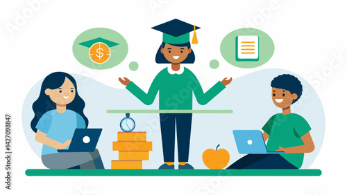 A lowincome studentled panel on balancing school and work and effective strategies for achieving financial stability.. Vector illustration