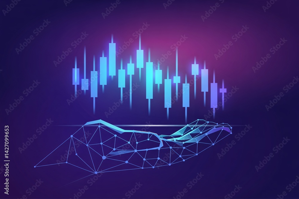 Naklejka premium Polygonal Wireframe Hand Holding Digital Candlestick Charts – Abstract Financial Technology Concept