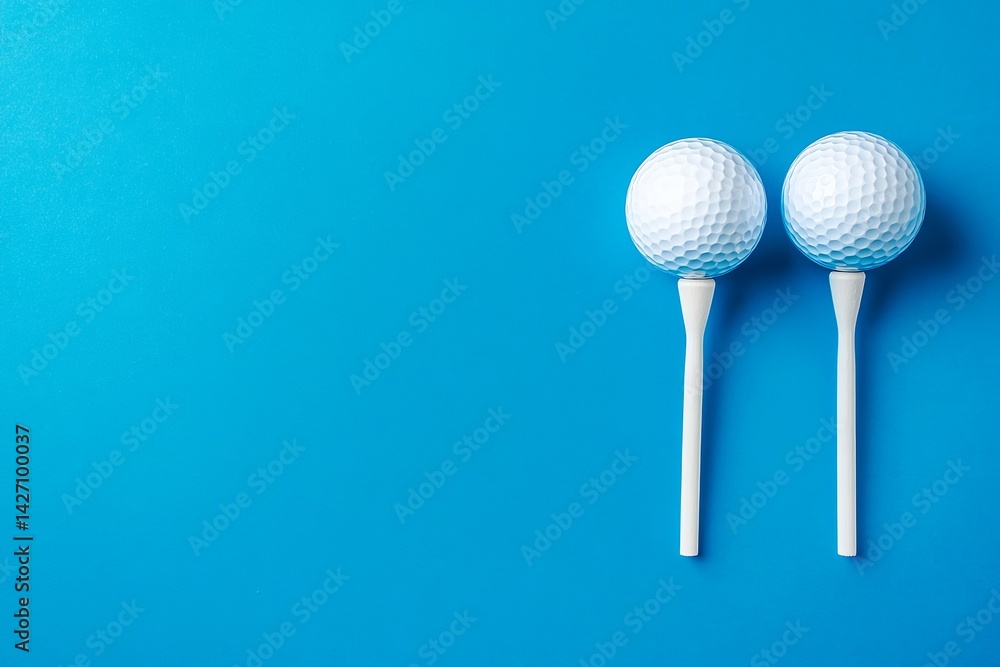 Top view of two white golf balls and tees on a blue background, with copy space concept for a sport or match event. High-quality photography. Top view of two white golf balls and tees on a blue background, with copy space concept for a sport or match event. High-quality photography.
