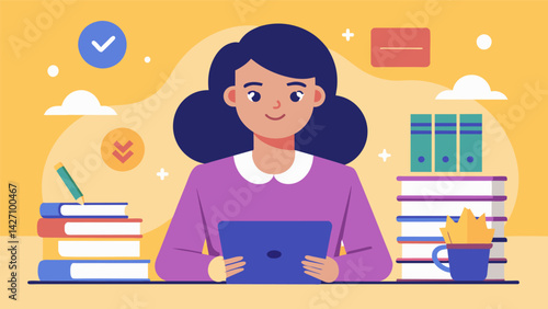 A driven student starts a tutoring business and uses the profits to pay for her own tutoring sessions and textbooks.. Vector illustration