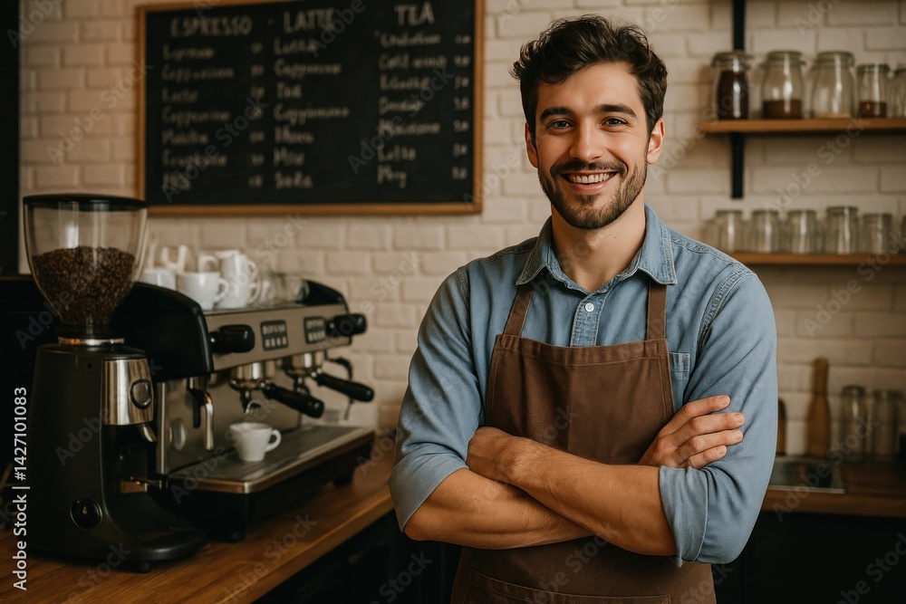 Fototapeta premium Barista smiling in cozy cafe.