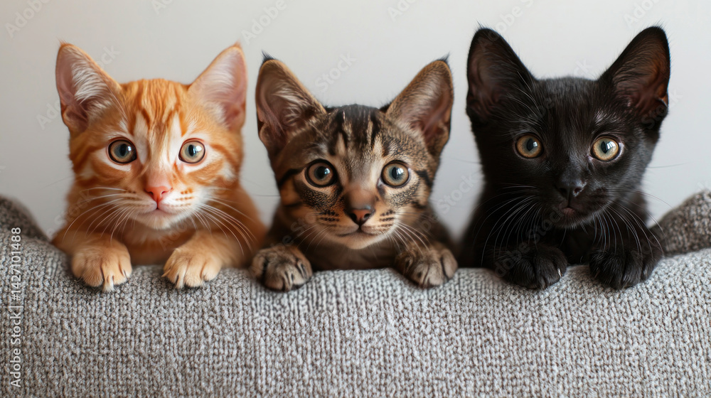 An adorable image of three kittens - a ginger, a tabby and a black - sitting next to each other on a soft grey surface.
