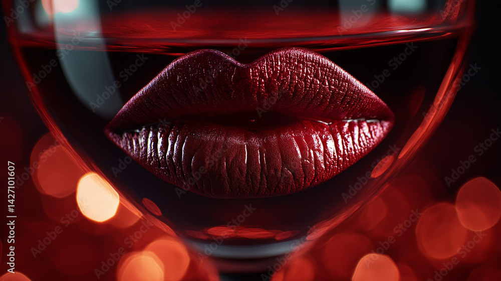 Red wine glass with lips reflecting sensuality against a dark background Red wine glass with lips reflecting sensuality against a dark background