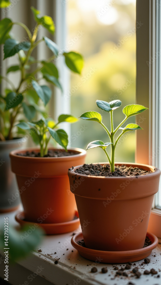 Obraz premium A small potted plant sprouting from soil by a window.