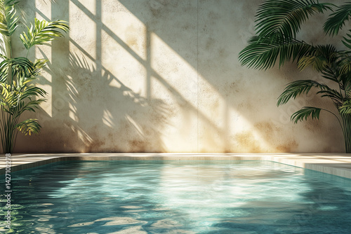 Tropical summer background with concrete wall, pool water and palm leaf shadow. Luxury hotel resort exterior for product placement. Outdoor vacation holiday house scene, neutral architecture aesthetic