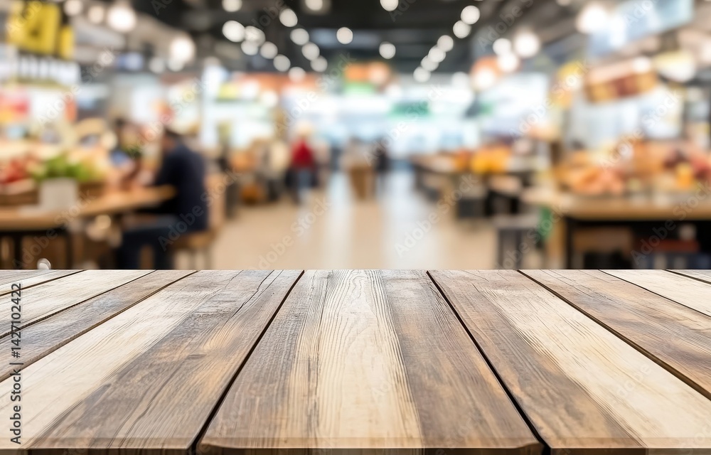 Wooden table in a busy food court Wooden table in a busy food court