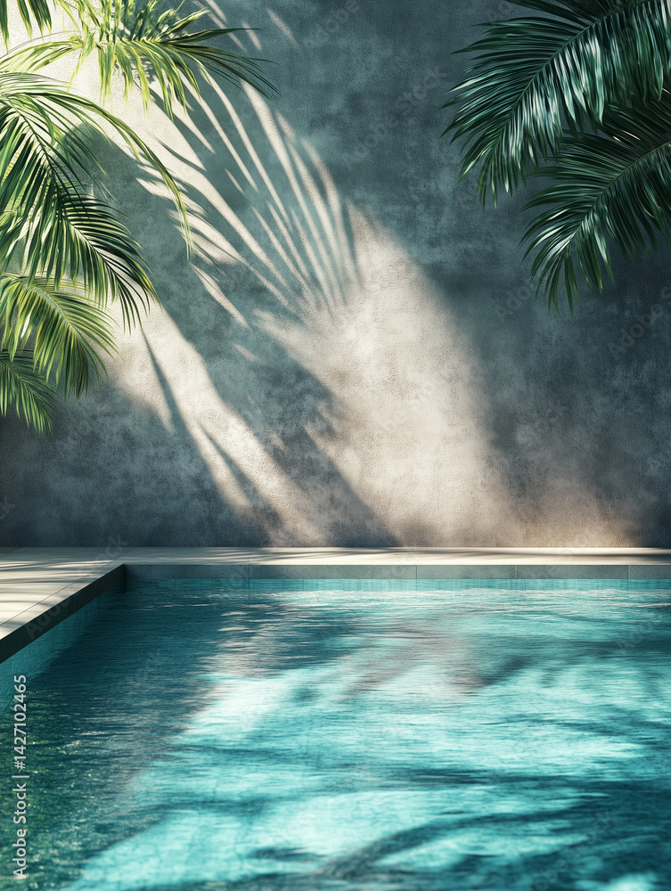 Tropical summer background with concrete wall, pool water and palm leaf shadow. Luxury hotel resort exterior for product placement. Outdoor vacation holiday house scene, neutral architecture aesthetic