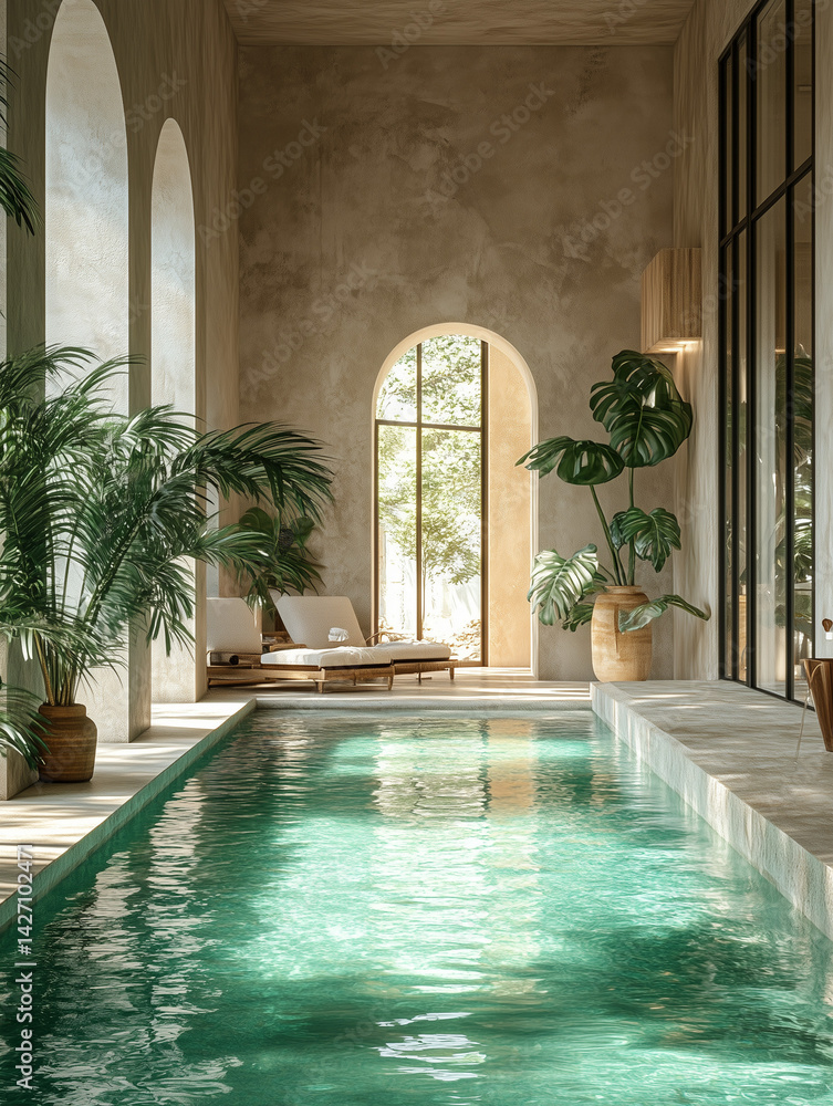Tropical summer background with concrete wall, pool water and palm leaf shadow. Luxury hotel resort exterior for product placement. Outdoor vacation holiday house scene, neutral architecture aesthetic