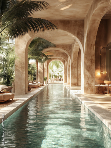Obraz na płótnie Tropical summer background with concrete wall, pool water and palm leaf shadow. Luxury hotel resort exterior for product placement. Outdoor vacation holiday house scene, neutral architecture aesthetic w salonie