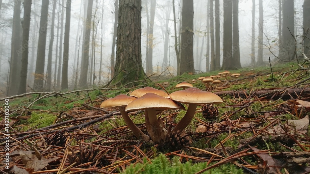 Fototapeta premium Mushrooms growing on the forest floor under fog and mist.