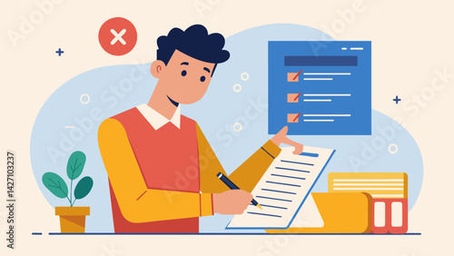 A student diligently fills out their tax forms remembering to include the beneficial deduction for their student loan interest.. Vector illustration