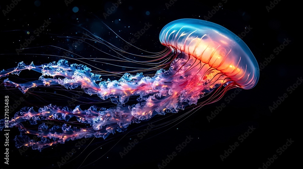 Obraz premium Strikingly colorful jellyfish floating in the dark ocean depths its glowing bioluminescent tendrils trailing behind extreme macro wildlife shot