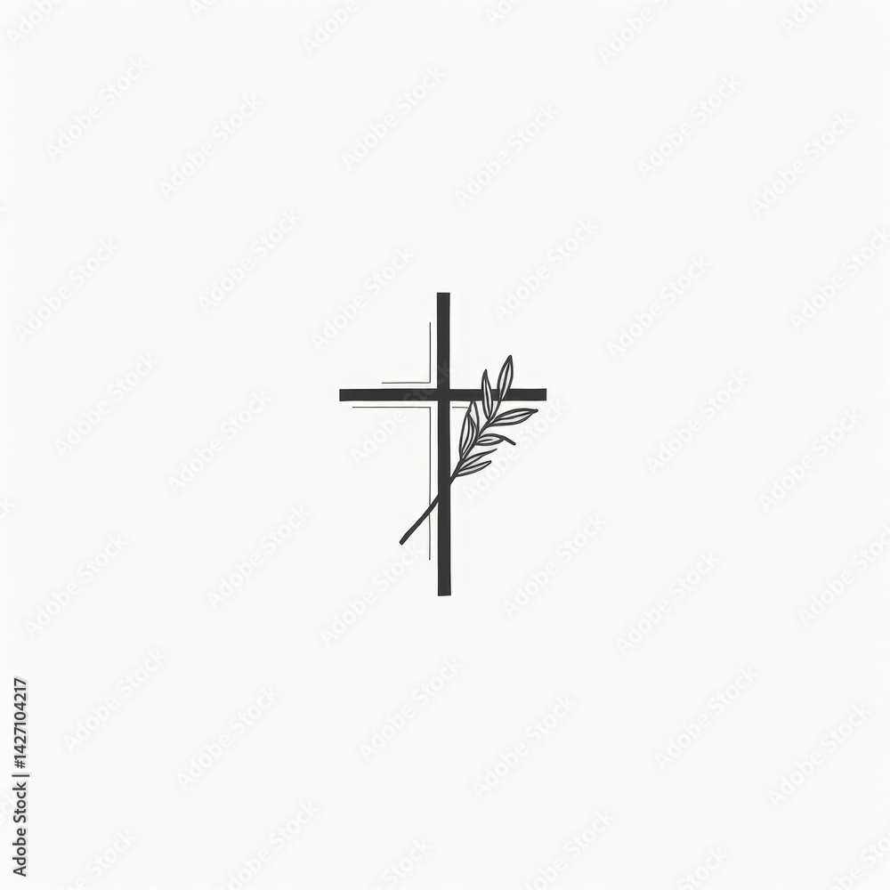 a simple cross and a single olive branch, clean lines, white background a simple cross and a single olive branch, clean lines, white background