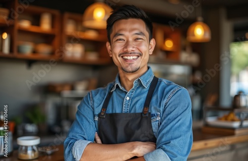 Asian man wears denim shirt apron smiles confidently. Stands at food stall. Culinary chef, seller offers street food. Smiling face welcomes customers to restaurant cafe. Cheerful, friendly customer