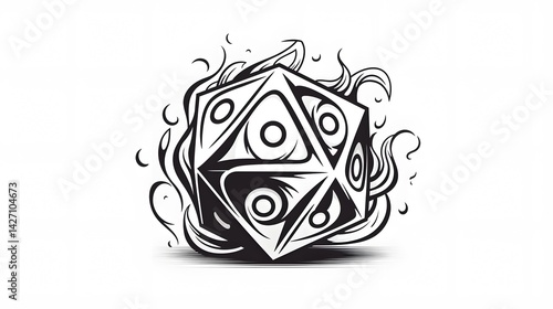 Professional tattoo design of a d20 dice in intricate black line style artwork