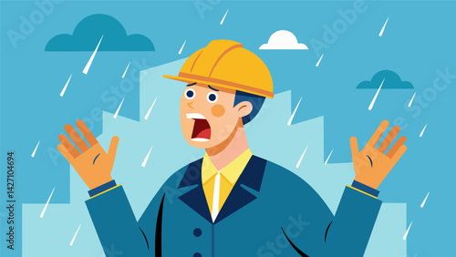 The site manager can be seen shouting instructions over the roar of wind and rain his hard hat and jacket soaked through.. Vector illustration