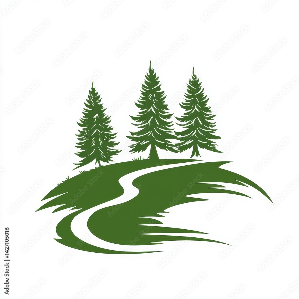 Obraz premium A green landscape illustration, complete with a winding road and trees, is set against a simple white background