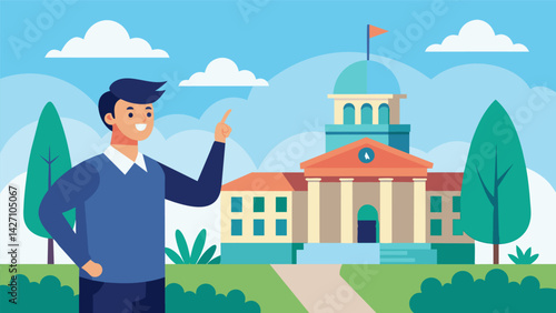 A middleaged man stands outside his old university pointing out the buildings and reflecting on how much he owes in student loans.. Vector illustration