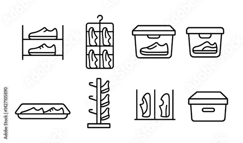 Footwear organization icon set – outline style symbols for shoe storage, closet arrangement, space management: shoe rack, hanging organizer, storage box, underbed bin, shoe shelf, stackable container