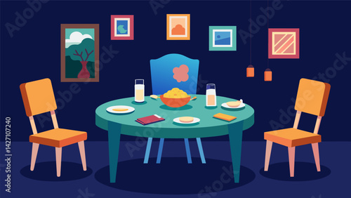 An empty chair at a family dinner table but surrounded by photos and memories representing the ability to find comfort in the past.. Vector illustration