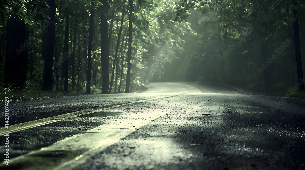 Obraz premium Rainy Forest Road Through Trees