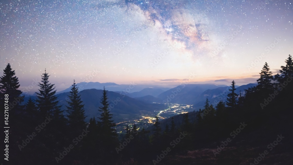 Obraz premium Panoramic view of the starry night sky from a mountainous region with tall trees and lights twinkling in the distance.