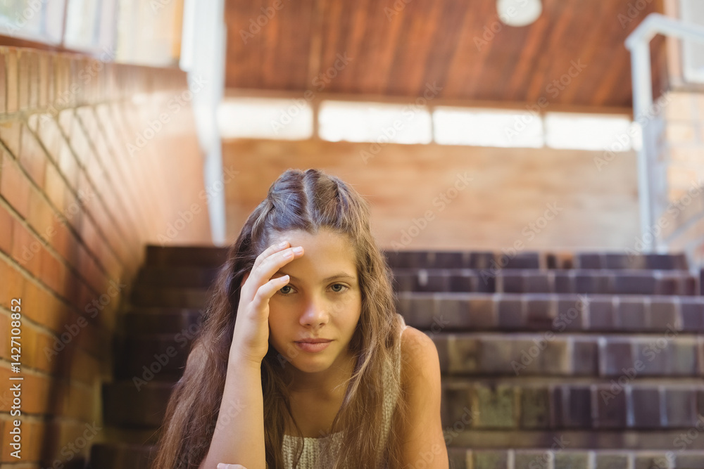 Teenage girl sitting on brick steps in covered stairwell, leaning head on hand with metal handrail
