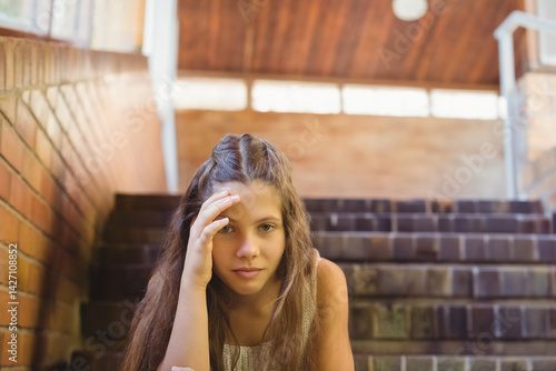Obraz na płótnie Teenage girl sitting on brick steps in covered stairwell, leaning head on hand with metal handrail w salonie