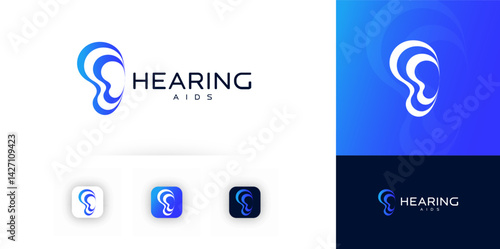 Hearing aids logo, ear icon with abstract sound waves. Medical audiology branding, identity design for healthcare clinic, assistive tech, mobile app. Vector illustration.