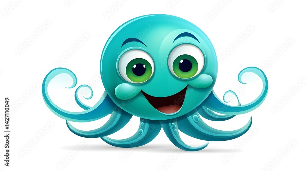 Obraz premium Cheerful and Adorable Blue Green Squid Character Smiling - Stock Vector