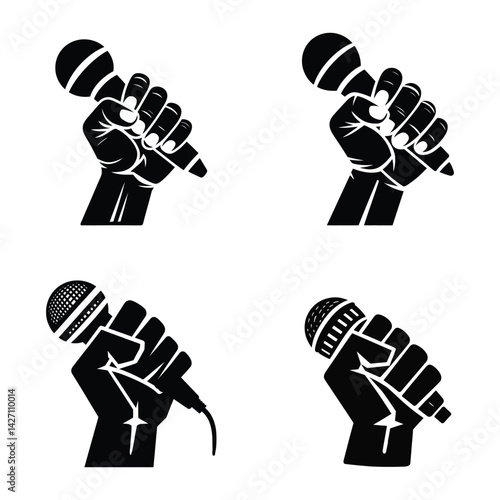 Four Black and White Illustrations of a Fist Holding a Microphone