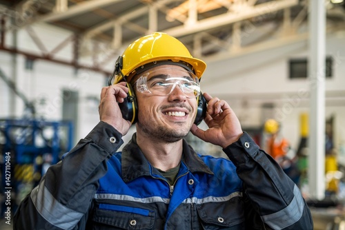 Smiling Construction Worker Wearing Hard Hat and Headphones in Industrial Warehouse – Medium Close-Up Portrait