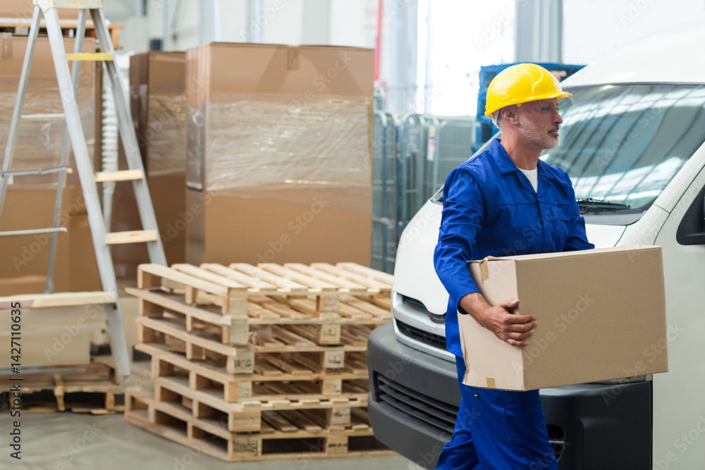 Middle-aged male worker carrying cardboard box in warehouse dock with pallets and van, copy space