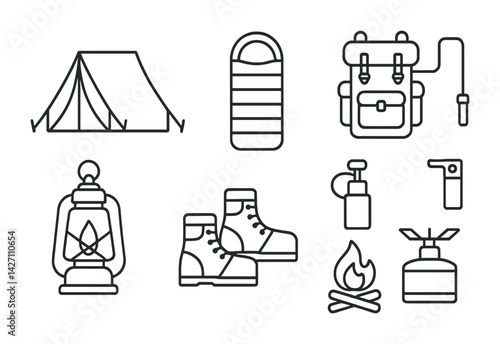 Camping equipment icon set – outline style outdoor adventure and hiking symbols: tent, sleeping bag, backpack, lantern, hiking boots, campfire, stove, water bottle