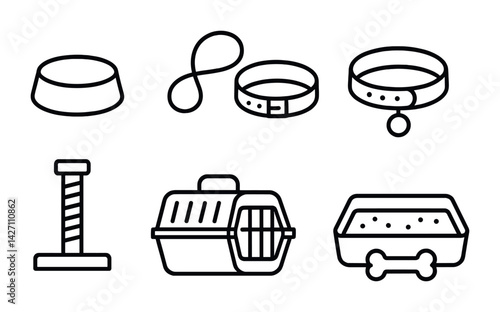 Pet care icons set – outline style for animal care and welfare: pet bowl, leash, collar, scratching post, carrier, litter box