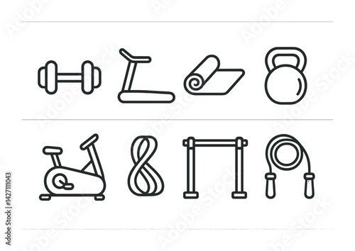 Fitness and exercise icon set – line style workout and gym symbols for health and training: dumbbell, treadmill, yoga mat, kettlebell, exercise bike, resistance band, pull-up bar, jump rope
