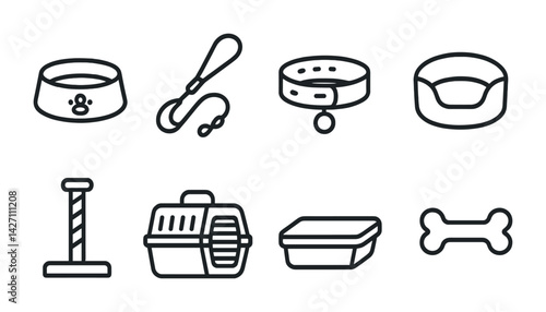 Pet essentials icon set – outline style animal care and accessory symbols for pet ownership, veterinary services, and pet products: food bowl, leash, collar, bed, scratching post, carrier, litter box