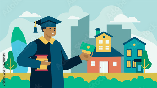 A recent graduate chooses to live in a less expensive but less convenient area in order to allocate more money towards their student loan payments. Vector illustration