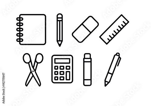 Stationery and office supplies icon set – outline style school and work essentials for students and professionals: notebook, pencil, eraser, ruler, scissors, calculator, pen, highlighter