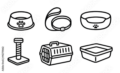 Pet accessories icon set – outline style animal care and supplies symbols for pet lovers and owners: bowl, collar, bed, scratching post, carrier, litter box