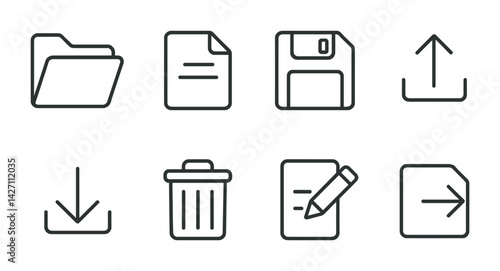 File management line icons set – outline style for organization and storage: folder, document, floppy disk, upload, trash, download, edit, export