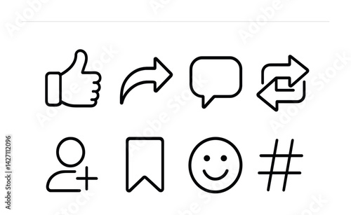 Social media outline icon set – linear style communication and sharing symbols for digital interaction: thumbs up, repost, comment bubble, retweet, follow, bookmark, smiley, hashtag