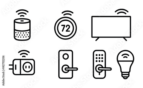 Smart home device icon set - outline style symbols for home automation and connectivity: smart speaker, thermostat, smart tv, smart plug, smart lock, smart bulb