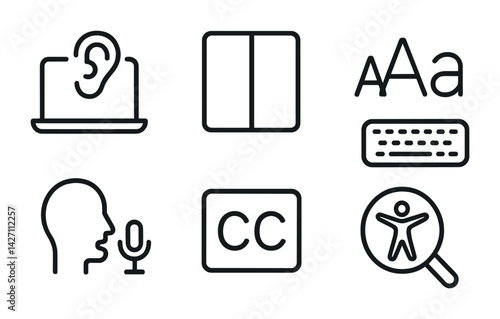 Accessibility icon set – outline style symbols for inclusive design and assistive technology: hearing aid, braille, text size, speech, closed caption, keyboard navigation, visual search